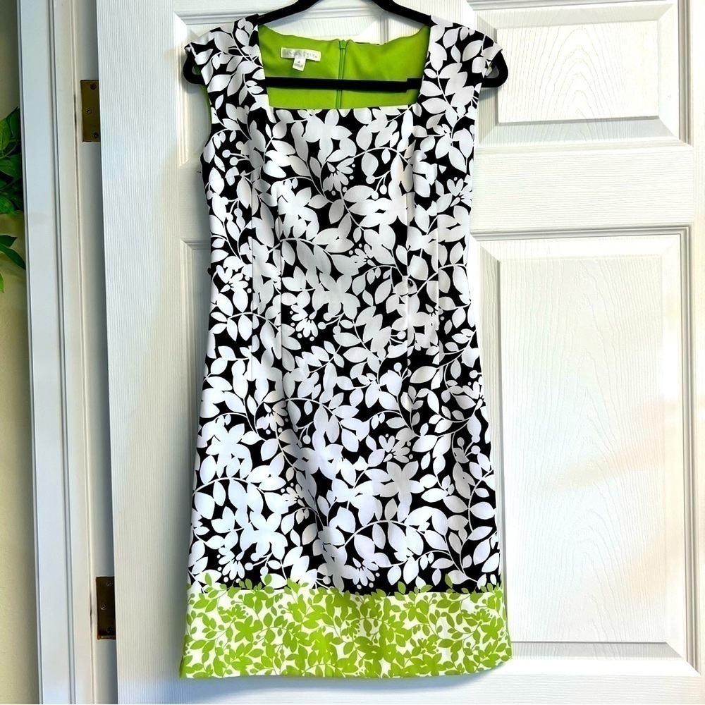 LONDON TIMES Tropical leaf office sheath mini dress women’s size 4